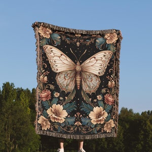 Lunar Moth Woven Blanket: Celestial Cottagecore Throw
