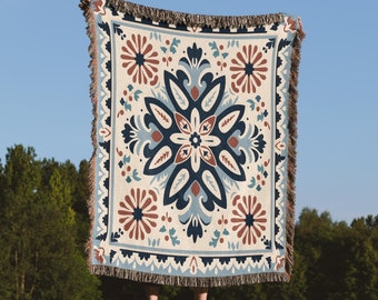 Folk Art Woven Cotton Blanket: Cottagecore Tapestry with Fringe