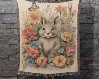 Floral Rabbit Woven Blanket, Bunny Art, Cotton Throw