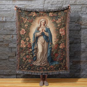 Virgin Mary Religious Woven Throw Blanket, Home Decor Gift, Mother&#39;s Day Gift, Religious Gift, Christian Gift, Catholic Decor, Cozy Decor