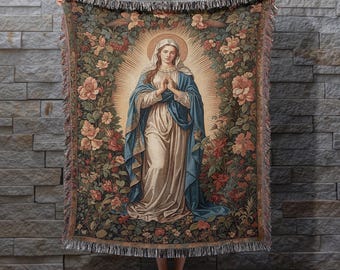 Virgin Mary Woven Throw Blanket: Religious Christian Catholic Decor