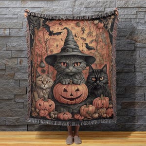 Halloween Decor, Woven Blanket Throw With Witchy Black Cat and Jack-O-Lantern, Black Cat Blanket, Woven Blanket,  Fall Home Decor, Pumpkin