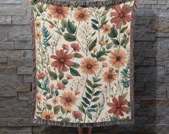 Floral Woven Cotton Throw Blanket: Boho Tapestry Design