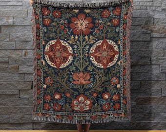 Scandinavian Floral Woven Throw Blanket: Cottagecore Nordic Decor