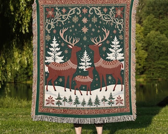 Scandinavian Christmas Woven Blanket: Reindeer Holiday Throw