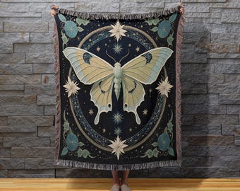 Woven Butterfly Throw Blanket: Celestial Moth, Cottagecore Decor