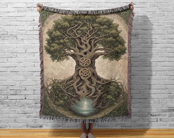 May include: A tapestry featuring a detailed illustration of a large, green tree with intricate roots and a Celtic knot design. The tree is surrounded by a brown background with a light blue pool of water at the base.