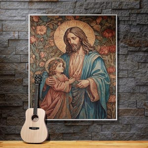 Puede incluir: Una pintura de Jes&uacute;s y un ni&ntilde;o, ambos con halos, de pie en un jard&iacute;n. Jes&uacute;s lleva una t&uacute;nica azul y el ni&ntilde;o lleva un vestido rosa. La pintura est&aacute; enmarcada en blanco.