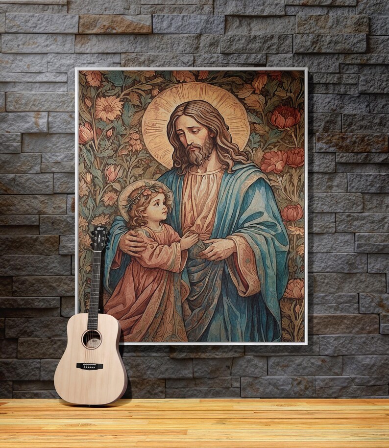 Puede incluir: Una pintura de Jes&uacute;s y un ni&ntilde;o, ambos con halos, de pie en un jard&iacute;n. Jes&uacute;s lleva una t&uacute;nica azul y el ni&ntilde;o lleva un vestido rosa. La pintura est&aacute; enmarcada en blanco.