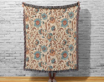 Floral Woven Throw Blanket: Cottagecore Fringe, 100% Cotton