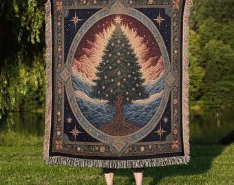 Woven Christmas Tree Blanket: Holiday Cotton Throw with Fringe