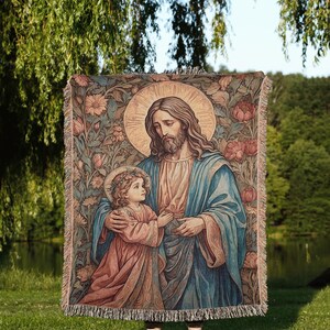 Manta tejida con la bendición de Jesús para el niño: decoración cristiana para el hogar imagen 3