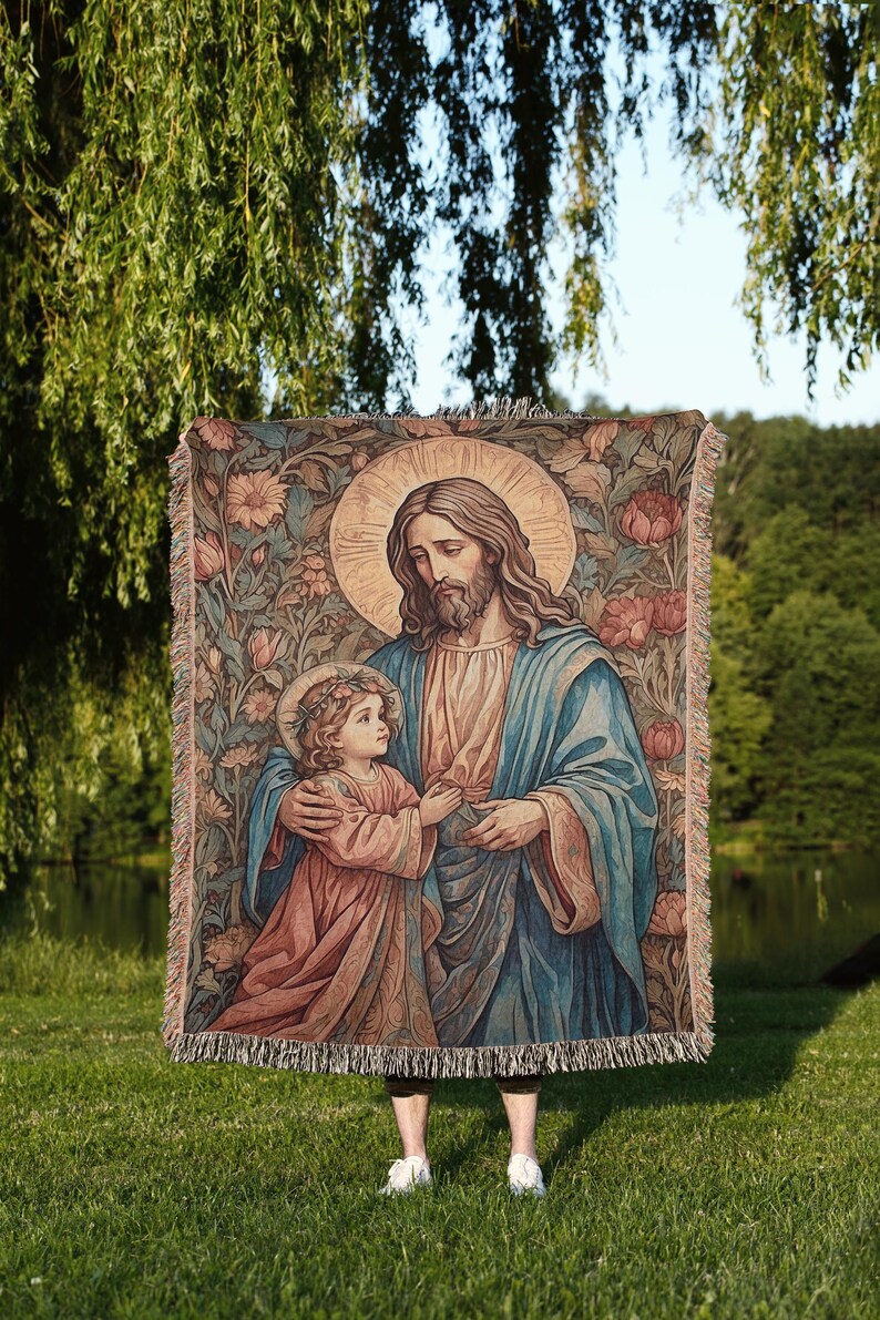 Manta tejida con la bendición de Jesús para el niño: decoración cristiana para el hogar imagen 3