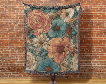 Floral Woven Cotton Throw Blanket: Retro Boho Decor