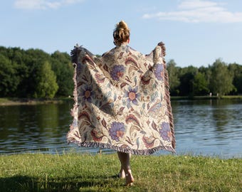Floral Woven Blanket Throw: Boho Chic Cotton Jacquard Tapestry