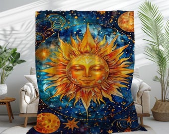 Celestial Sun Plush Blanket: Cosmic Boho Velveteen Throw