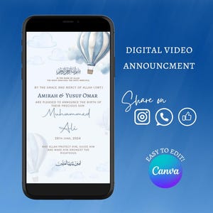 Anuncio de video animado / Anuncio de nacimiento musulmán islámico de un bebé recién nacido / Plantilla de Canva / Anuncio electrónico / Fácil de editar