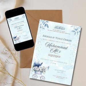 Invitación de Aqeeqah para bebé varón / Anuncio de nacimiento de bebé musulmán / Descarga digital / Plantilla de Canva /