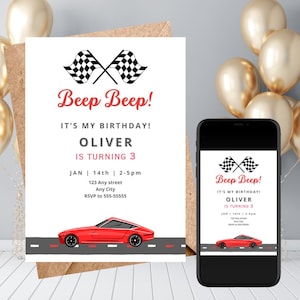 Boys car theme birthday invite | beep beep invite | Digital canva template | Easy to edit
