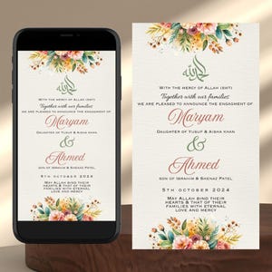 Anúncio de noivado islâmico | Anúncio de noivado floral | Modelo digital para impressão | Anúncio de noivado muçulmano