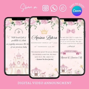 Faire-part de naissance animé | Faire-part de naissance islamique | Facile à modifier | Modèle de toile | Téléchargement instantané