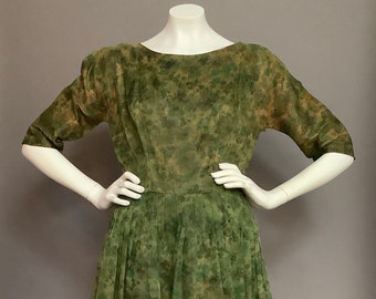 Vintage 1960s Green Floral Day Dress - Cocktail Party - PROJECT PIECE As-Is - Needs Work