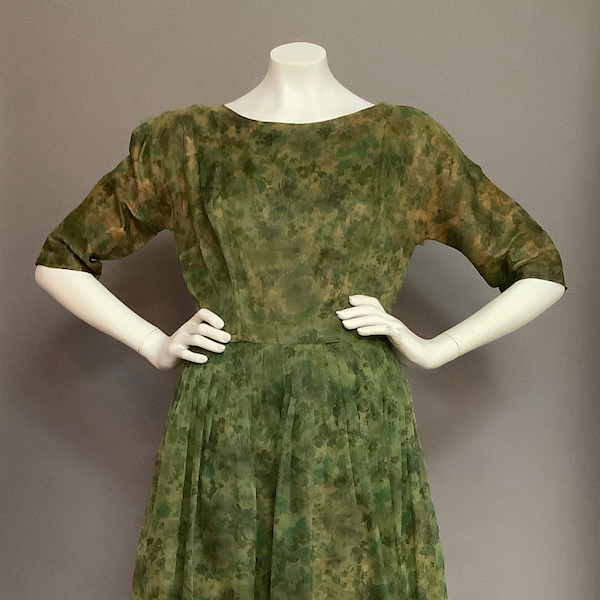 Vintage 1960s Green Floral Day Dress - Cocktail Party - PROJECT PIECE As-Is - Needs Work