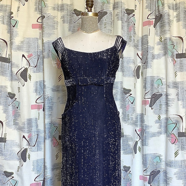 Vintage 1960s - Custom Handmade Cocktail Dress - Overdyed Midnight Blue/Black Lurex - XS