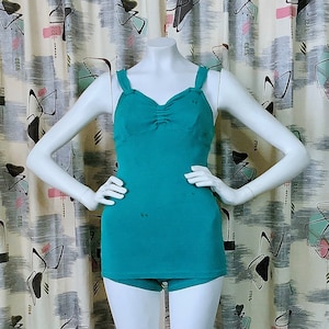Vintage 1940s - ALDRICH & ALDRICH - Teal Stretch Exercise One-Piece/Swimsuit - 36