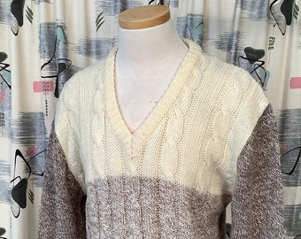 Vintage 1980s Oleg Cassini V-neck Cable Knit Sweater - Ivory and Browns - Men's cut - XL