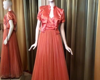 Vintage 1940s Peach Emma Domb Evening/Party Dress w/Matching Jacket