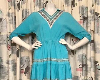 Vintage 1950s/60s - TURQUOISE Blue Dress w/Full Skirt - FOLK/Square Dancing - WESTERN Style - Dance Costume
