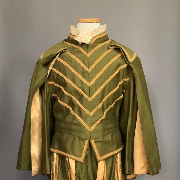 Vintage GOLDSTEIN & CO. COSTUMERS Green and Gold 3-Piece Ensemble - Doublet, Cape and Paned Slops - Renaissance/Medieval/Tudor/Elizabethan