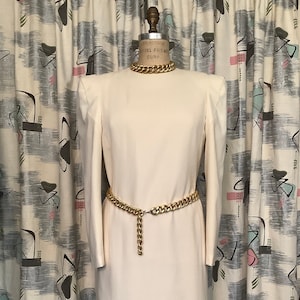 Vintage 1990 - CAROLINA HERRERA - Abito in lana avorio - Silhouette semplice con dettaglio spalla esagerata - taglia 10