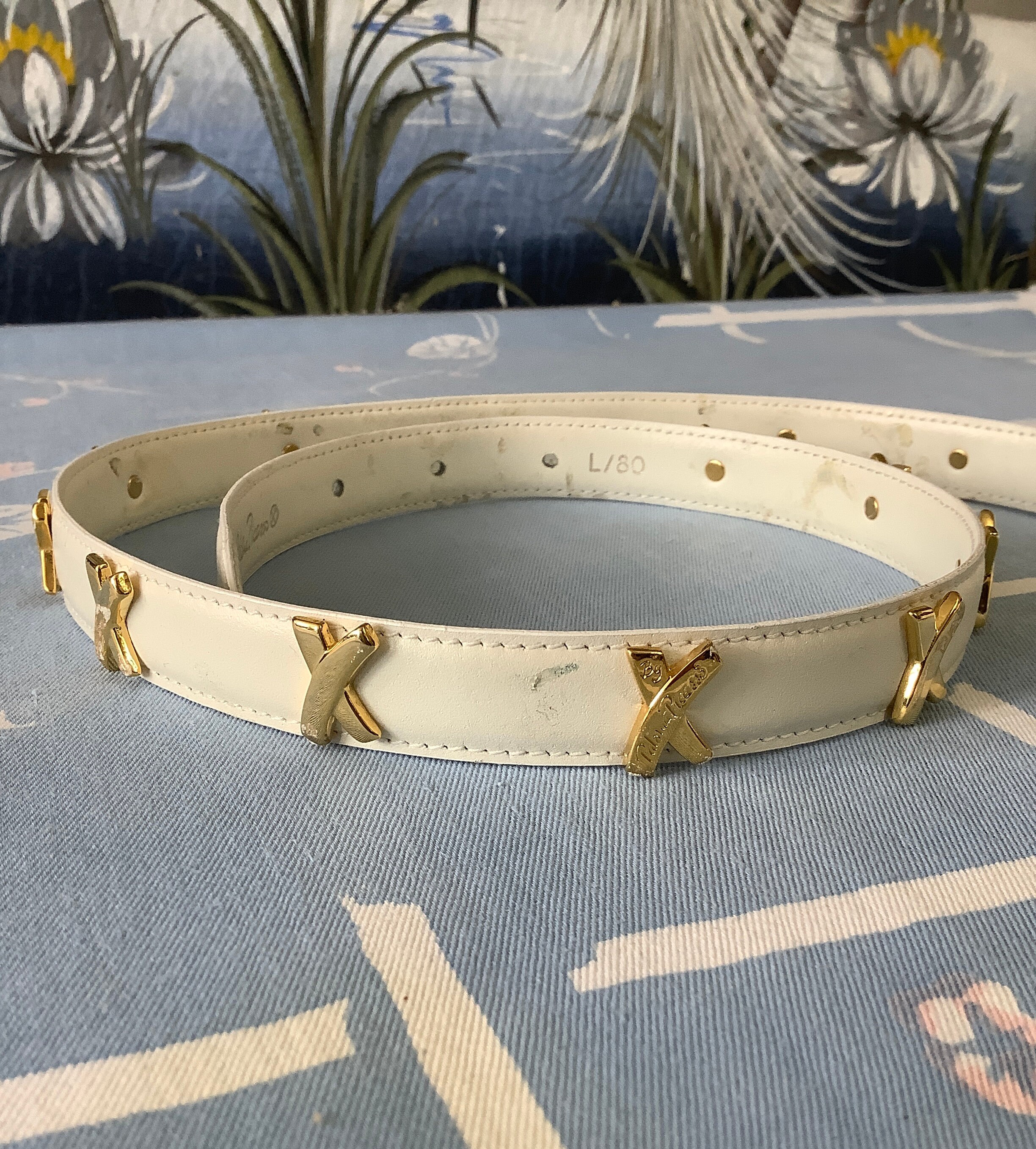 Vintage 1980s PALOMA PICASSO White Leather Belt W/gold X 