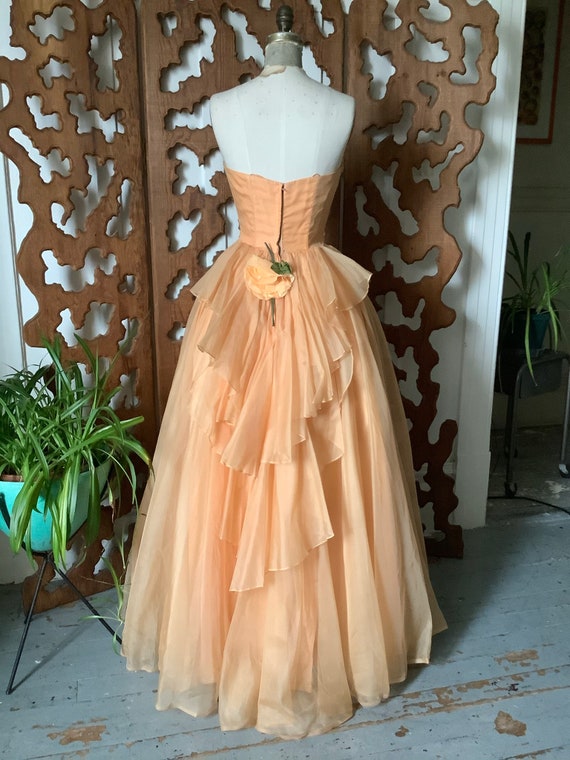 A-line Peach Puff Sleeve Strapless Floral Lace Prom Dress With Puff Sl –  SELINADRESS