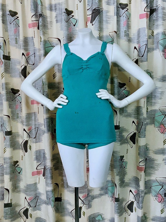 Vintage 1940s - ALDRICH & ALDRICH - Teal Stretch Exercise One-Piece/Swimsuit - 36