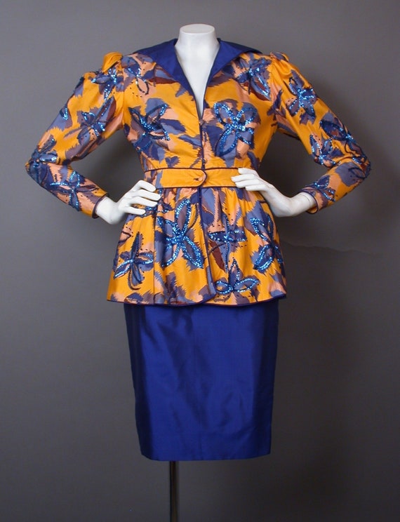 Khanitha Yellow & Blue Silk Sequin Skirt Suit - image 1