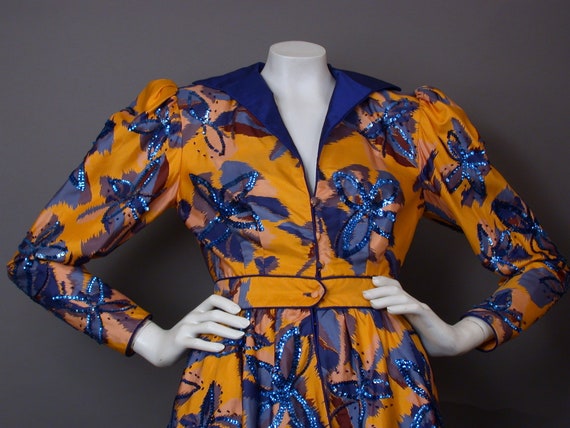 Khanitha Yellow & Blue Silk Sequin Skirt Suit - image 3