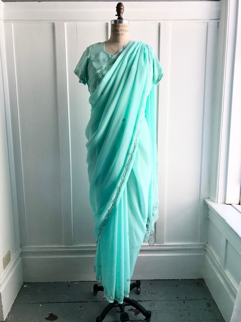 Beautiful Turquoise/Teal 2pc Beaded Sari image 1