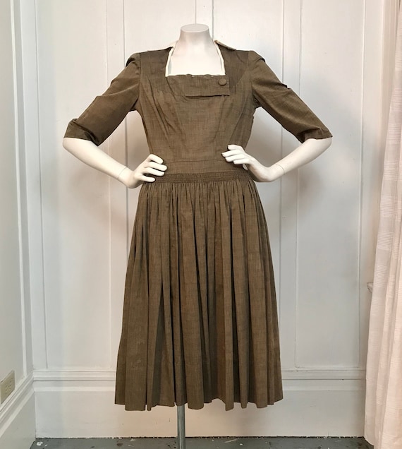 ワンピース Mid 1950s Vintage Brown Cotton Dress 1950's Brown Cotton Lace Dress | Over Burnt Orange Taffeta