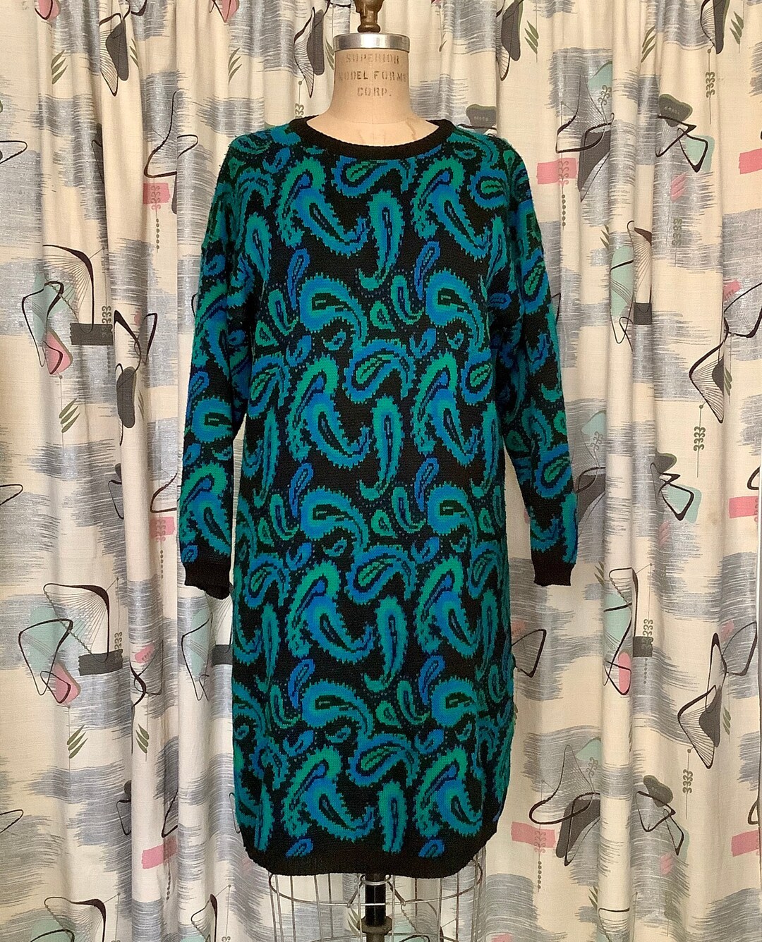 Vintage 1980s - VERONA - Paisley Sweater Dress - Black, Blue