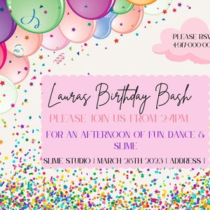 Invitación de fiesta de cumpleaños personalizable con globos y confeti para niños y adultos. Tarjeta imprimible digital con colores vibrantes y descarga instantánea.