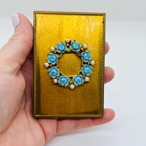 Vintage Repurposed Jewels Powder Mirror Brass  Compact Mid Centuty Blue Roses And Pearls