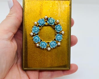 Vintage Repurposed Jewels Powder Mirror Brass  Compact Mid Centuty Blue Roses And Pearls