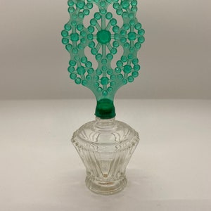 Vintage Czech Pressed Glass Perfume Bottle With Green Sparkly Stopper