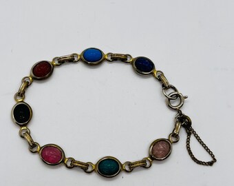 Vintage Brass Multicolor Scarab Bracelet With Safety Chain Clasp Sticks