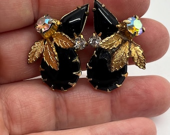 Vintage Juliana Style Black Prong Set Clip On Earrings With Gold Leaf And AB Rhinestone Accents FREE SHIP