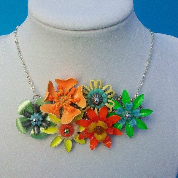 Vintage Collage Necklace Bright Metal Flowers