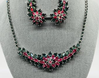 Vintage Juliana Style Prong Set Pink And Gray Blue Rhinestone Flower Necklace And Clip On Earrings FREE SHIP